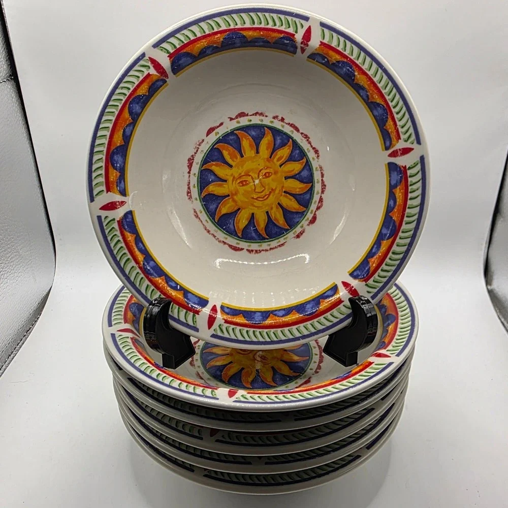 Gibson China Sunface Cereal Bowls Set of 6 White Blue Yellow Celestial Sun 8in